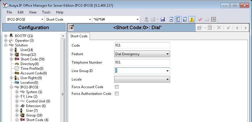 5.3. Administer Emergency Short Codes From the configuration tree in the left pane, right-click on Short Code under the primary IP Office system, and select New