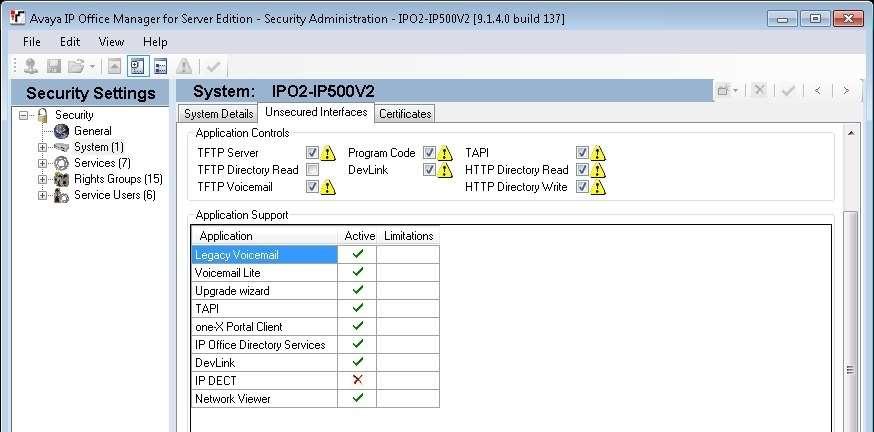 5.4. Administer Security Settings From the configuration tree in the left pane, select the IP Office system that will be used for TAPI and Configuration Web Service connection with Shadow OSN, in