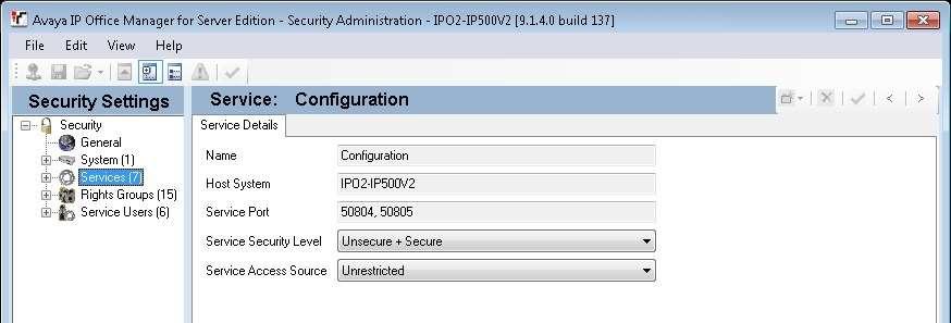The Avaya IP Office Manager for Server Edition Security Administration - IPO2- IP500V2 screen is displayed, where IPO2-IP500V2 is the name of the selected IP Office system.