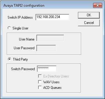 The Avaya TAPI2 configuration screen is displayed.