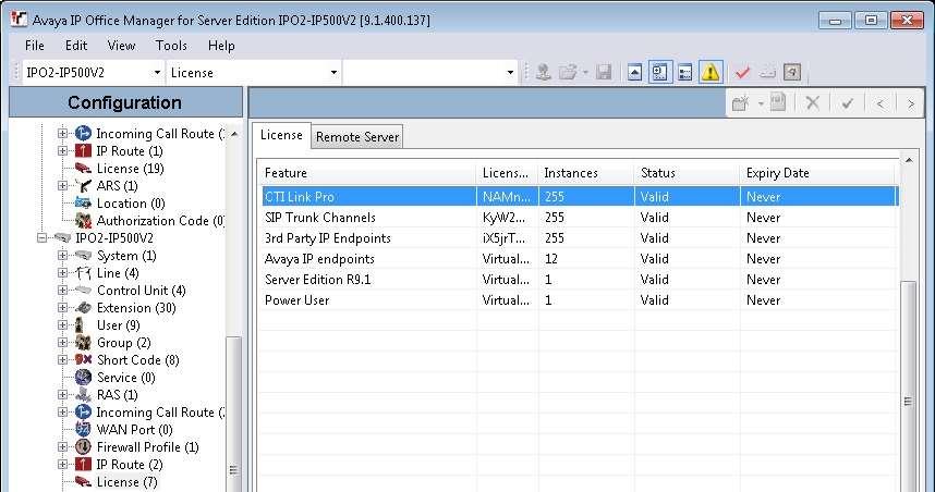 From the configuration tree in the left pane, select License under the expansion IP Office system, in this case IPO2-IP500V2, to display a list of licenses in the right pane.
