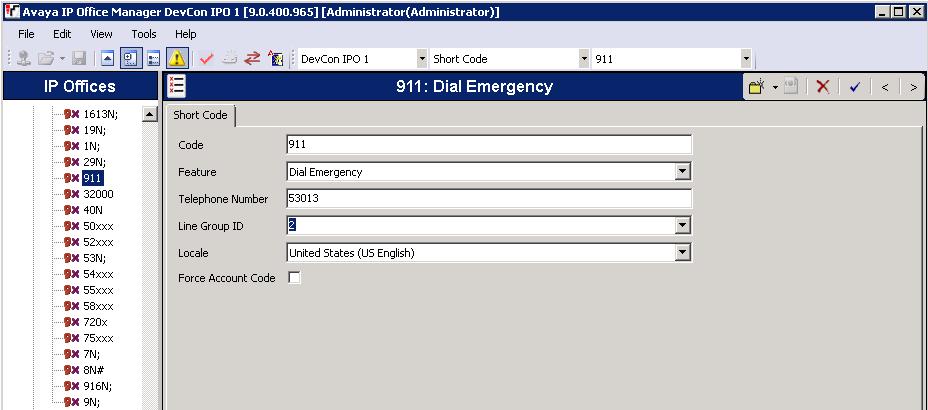 From the configuration tree in the left pane, right click on Short Code, select New to add 911 short