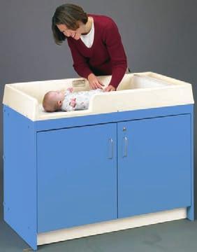 Single piece, hygienic, molded tops feature a 7" deep changing well, paper dispenser, paper tear off strip and radiused corners and edges. Roomy storage cabinet with locking doors.