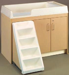CHANGING 2000 Series Roll out stairs. Lockable storage cabinet with shelf. Easy clean single piece molded top. 7" deep changing well. Roll paper dispenser with changing paper. 46 1 2W x 37H x 23D Wt.