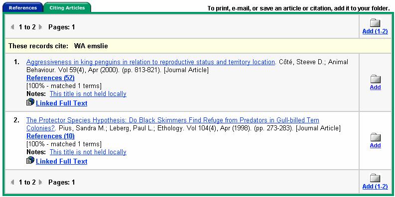 Citing Articles From the References sub-tab, you can mark check boxes, click Find Citing Articles and retrieve a list of Citing Articles.