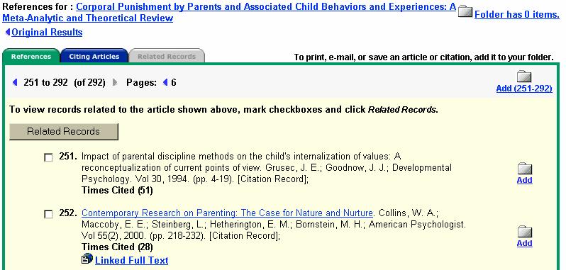 If you click the References Link for an article, the References sub-tab presents a list of records cited in your original article.