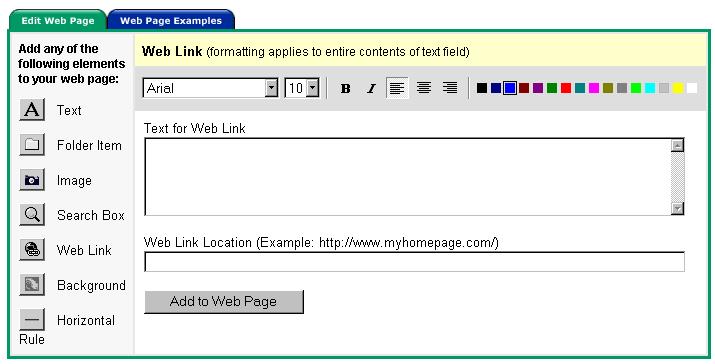 Adding Web Links When creating a page, you may also want to include links to relevant web sites. To add web links: 1. Click the Web Link icon. 2.