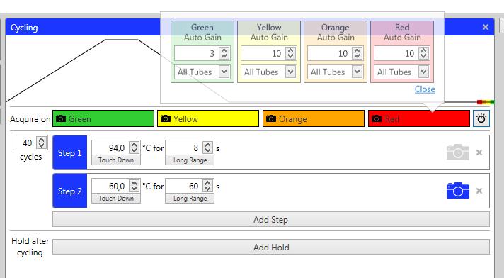 How to set up a run on Mic qpcr Cycler 5. Make sure acquisition is switched on for all channels in the assay by clicking on the channel name.