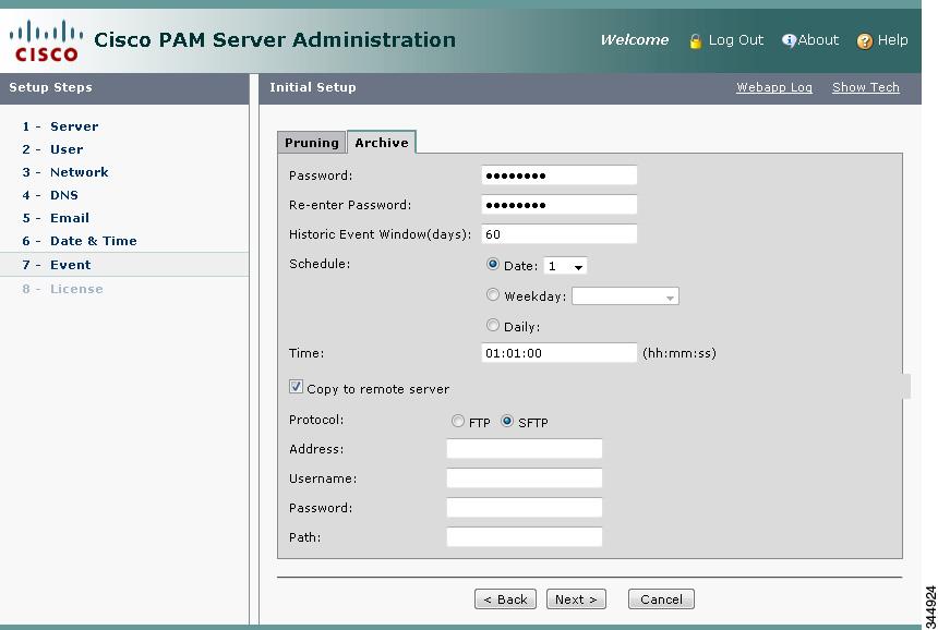 Upgrading the Cisco PAM Server Software Appendix B Note To ensure that events are regularly pruned, we recommend entering 30 days or less in the Live Events Window field.