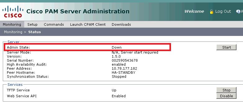 Upgrading the Cisco PAM Server Software Appendix B Figure B-9 Server Admin State for the Active Server Step 13 (HA configurations only) Upgrade the Standby server, if configured.