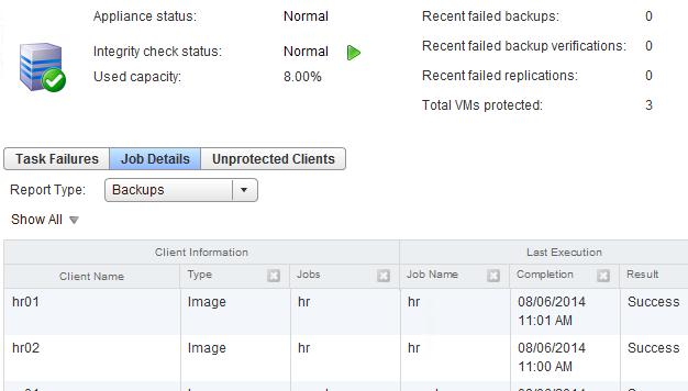 Reporting The Reports tab in vsphere Data Protection and vsphere Data Protection Advanced displays a variety of information: appliance status, used capacity, backup and replication job details, and