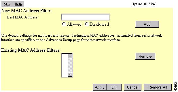 Chapter 8 Setting Up MAC-Based Authentication Figure 8-11 Address Filters Page Step 2 Step 3 Step 2 and Step 3 describe entering MAC addresses in the bridge management system.