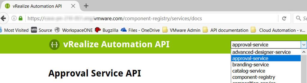 2 From the pull-down menu on the vrealize Automation API Reference start page, select a service. For example, select approval-service. The Swagger documentation page for the service appears.