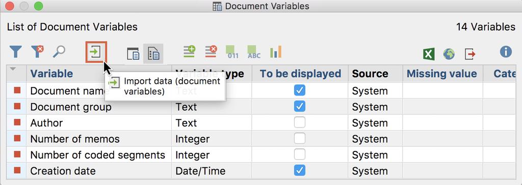 After preparing and saving the document, you can start the import procedure by going to Variables > Import data (document variables).
