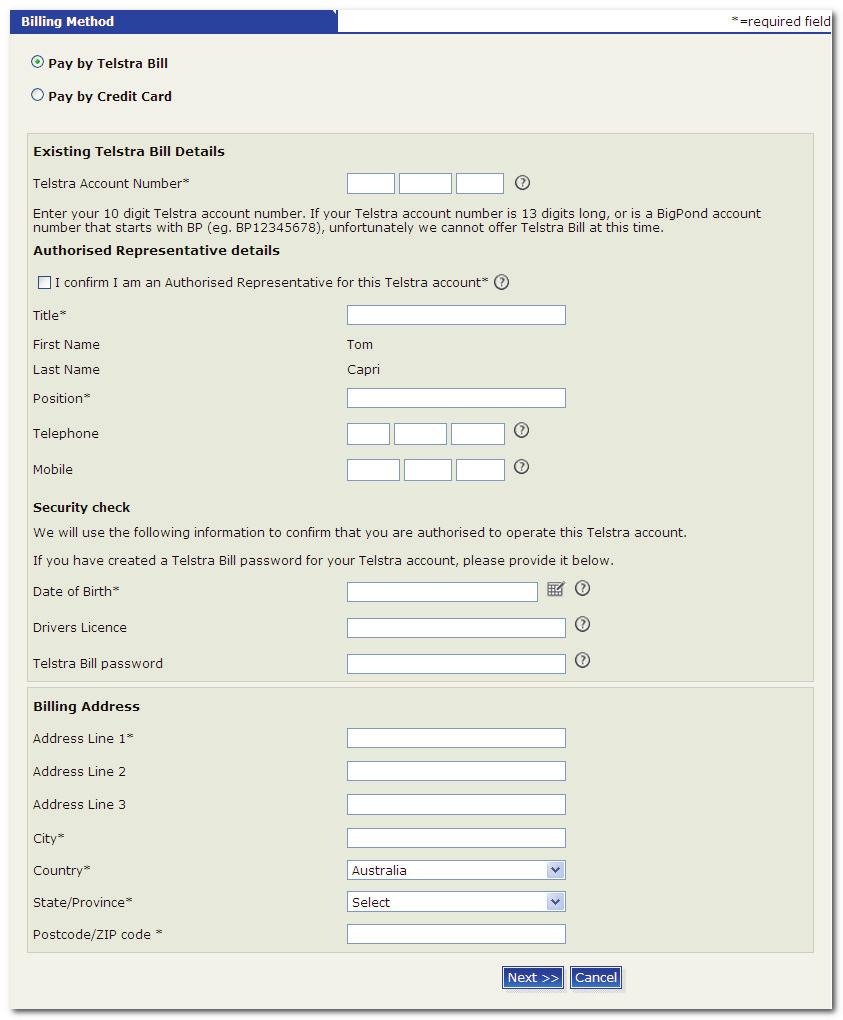 Registering With TMC Telstra Billing Method 7.
