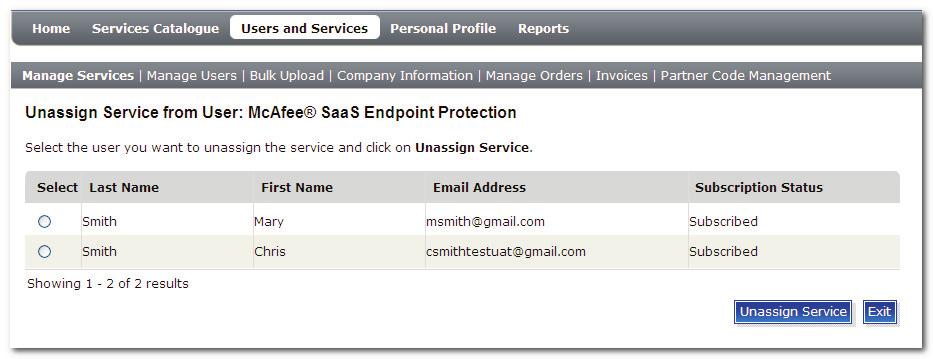 Managing Service Subscriptions 5. Click Unassign Service from User.
