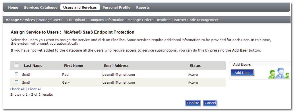 Managing Service Subscriptions Screenshot 35: Service Details Page 5. Click Assign Services to Users. 6.