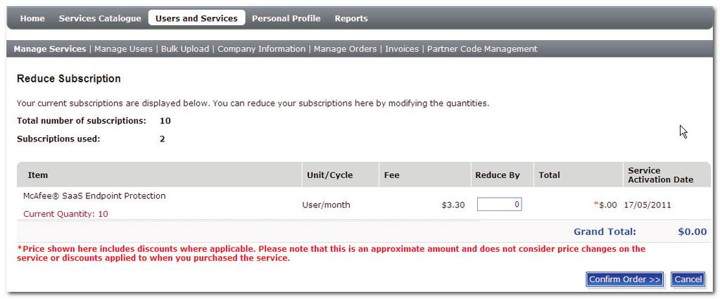 Managing Service Subscriptions 5. From the Subscriptions drop down list, select either Increase or Decrease, based on your requirement and click Submit. 6.