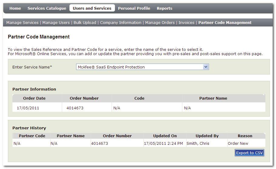 Partner Code Management Partner Code Management As a customer administrator, you can view, and edit the partner code and the partner name for your services via the Partner Code Management page.
