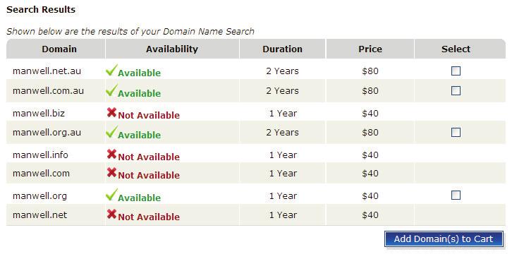 Domains Screenshot 48: Domain Name Search 5. From the search results, select the required domain from the available domains by selecting the checkbox next to the domain you want to select.