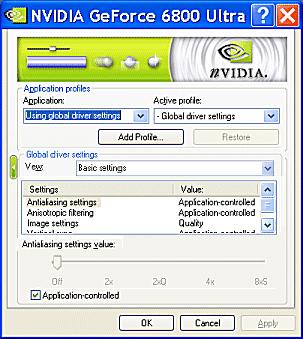 Chapter 7 Configuring Key ForceWare Graphics Driver Features Figure 7.10 NVIDIA Driver Settings (Standard) Driver settings standard Off disables antialiasing in 3D applications.