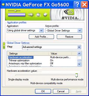 Chapter 7 Configuring Key ForceWare Graphics Driver Features 2 Select Hardware acceleration from the driver settings list. The available slider settings are shown in Figure 7.12 and explained.