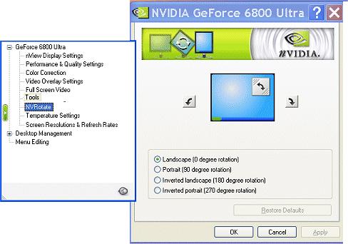 Chapter 7 Configuring Key ForceWare Graphics Driver Features Using NVRotate Settings The NVRotate settings (Figure 7.23) let you view your Windows desktop in Landscape or Portrait mode.