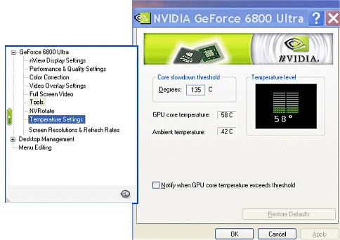 Chapter 7 Configuring Key ForceWare Graphics Driver Features Adjusting Temperature Settings Note: The Temperature Settings page is available with GeForce FX and newer NVIDIA GPUs and on certain older