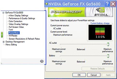 Chapter 7 Configuring Key ForceWare Graphics Driver Features Current power source Figure 7.32 PowerMizer Settings Applies only to Notebook Computers Current battery charge.