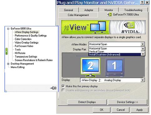 Chapter 4 Using nview Multi-Display Settings Initial Installation of nview Dualview Mode Windows 2000 Note: When you start Windows 2000 with an NVIDIA GPU based multi display graphics card (or