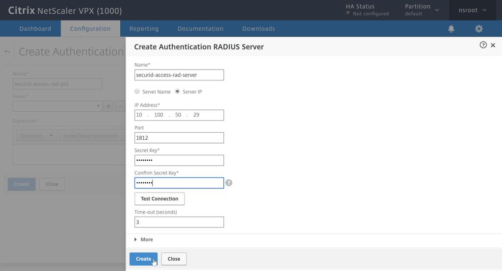 3. Configure the RADIUS server settings for Authentication Manager or Cloud Authentication Service and click Create.