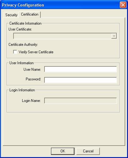 PEAP: Clicking the Certification tab for PEAP displays the following menu. Figure 4.3 Figure 4.4 PEAP requires the use of Certificate Information and User Information.