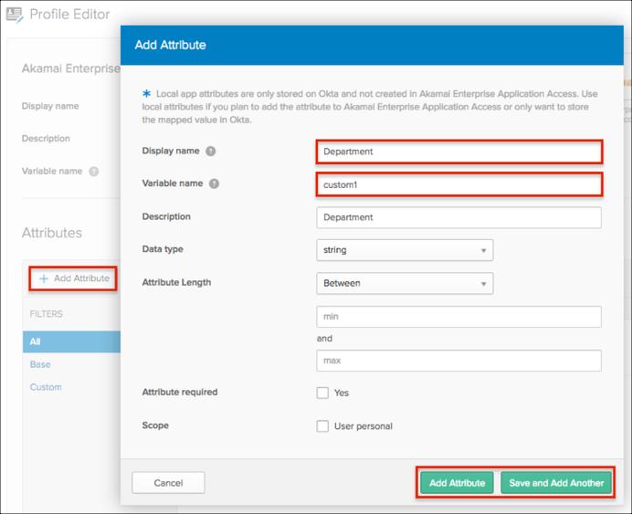 Click Map Attributes: Select the Okta to Akamai Enterprise Application Access tab, then do the following: Start typing the required attribute from the Okta base user profile (or use
