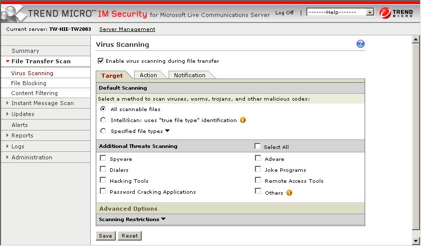 Introducing IM Security Powerful and Creative Antivirus Features IM Security implements the following virus, spyware, and other grayware scanning methodologies: Quickly scan messages and files using