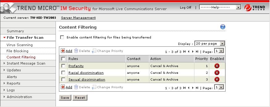 IM Security file blocking Content Filtering IM Security allows you to check messages and files for content deemed harassing, offensive, or otherwise