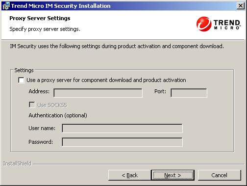 Registering and Installing IM Security 3. Click Next >. The Proxy Server Settings screen appears. FIGURE 3-13.