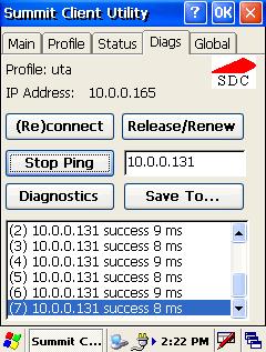 Diags Window A sample Diags, or troubleshooting, window is shown in Figure 4 below: Figure 4: Diags window, with ping active The functions available on the Diags window are listed below: (Re)connect: