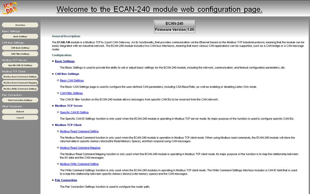 3. Web Configuration The configuration for the module parameters or communication commands (in Modbus Client mode only) on the ECAN-240 module can be performed via a standard web browser using the