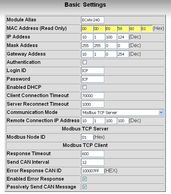 3.2. Basic Settings The Basic Configuration section provides the ability to set or adjust basic settings for the ECAN-240 module, including the network,
