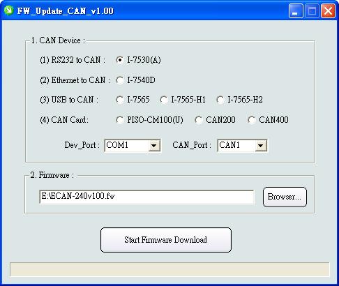 Appendix A Firmware Update The firmware on the ECAN-240 module can be updated via CAN devices produced by ICP DAS. The latest firmware file ( *.