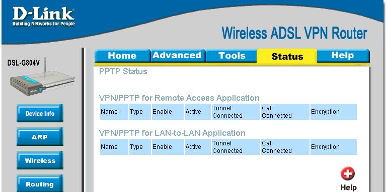 PPTP Status PPTP Status shows details of your configured PPTP VPN connections. Figure 6-6.