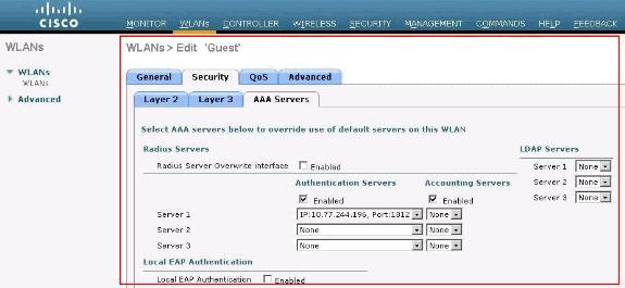 Click the WLAN Guest which was created for web authentication. 2. On the WLANs > Edit page click the Security Menu. Click the AAA Servers tab under Security.