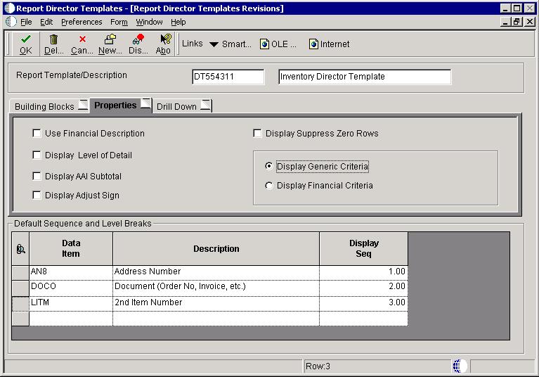Adding and Modifying Report Director Templates Default Sequence and Level Breaks Define the data sequencing and level breaks to be used by the report.