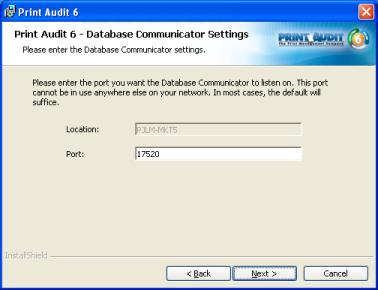 Step 9: Database Communicator Settings The Database Communicator allows for two settings to be modified; location and port.
