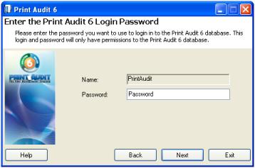 The window below allows you to set the password for the "PrintAudit" user. If a password is not entered, it will default to "password".