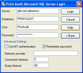 In the "database" field, enter the name of the database you created for Print Audit 6 in step 15.
