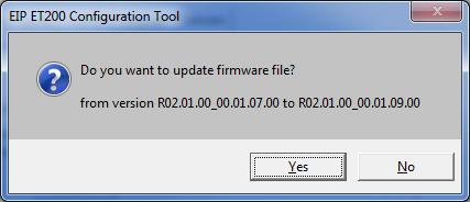 A message appears displaying version of the firmware file and on the adapter and asks the user to confirm the firmware update