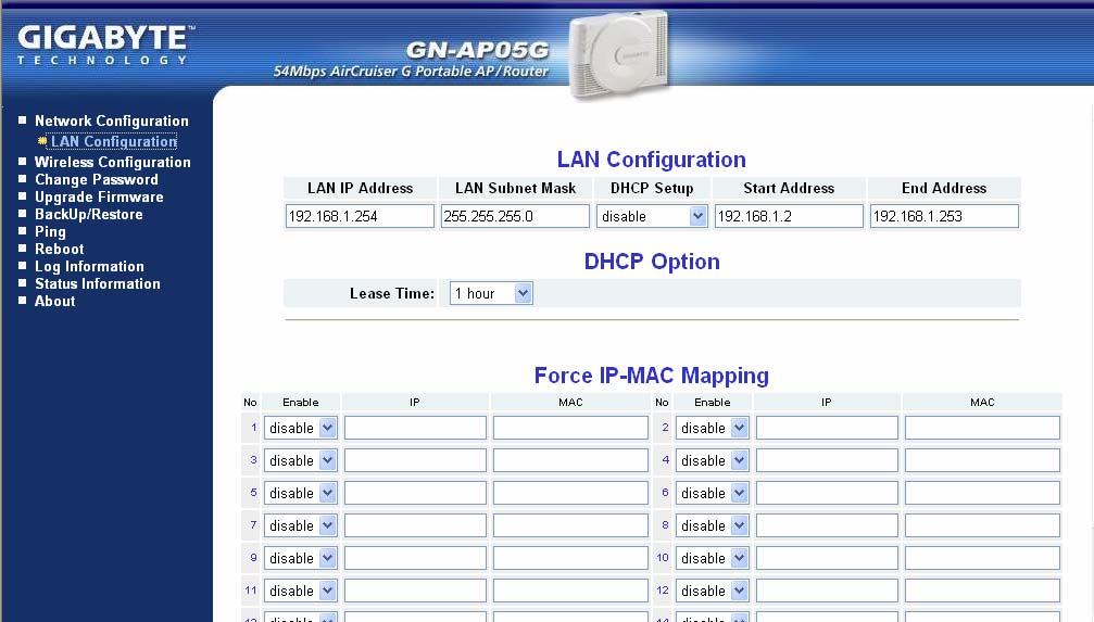 Configuring the device for Access Point Mode Access The LAN Configuration Screen LAN Configuration Allows you to modify the LAN parameters, and if you want to enable DHCP automatic IP address