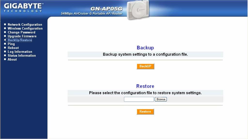 The BackUp/Restore Screen The Backup / Restore screen allows you to save the current configuration settings of the AirCruiser G Portable AP as a temp file onto your computer.