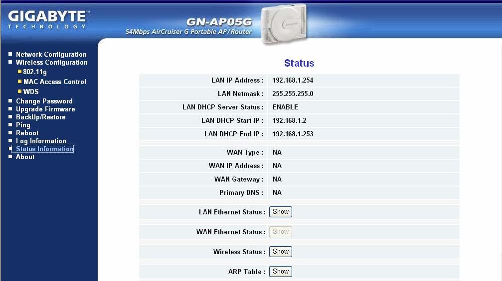 The Status Information Screen On the Status page the portable AP s current connection and configuration information is displayed for the following; LAN Ethernet, WAN Ethernet, Wireless Status, ARP